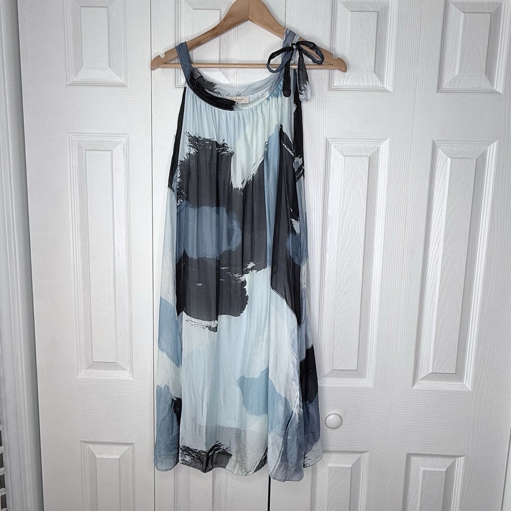BELLAMBRA‎ Silk Blend Dress L Large Blue Black Abstract Watercolor Made in Italy